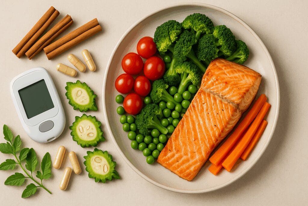 Salmon and vegetables with cinnamon, bitter melon, berberine capsules, and a glucose meter arranged with natural herbs for weight loss