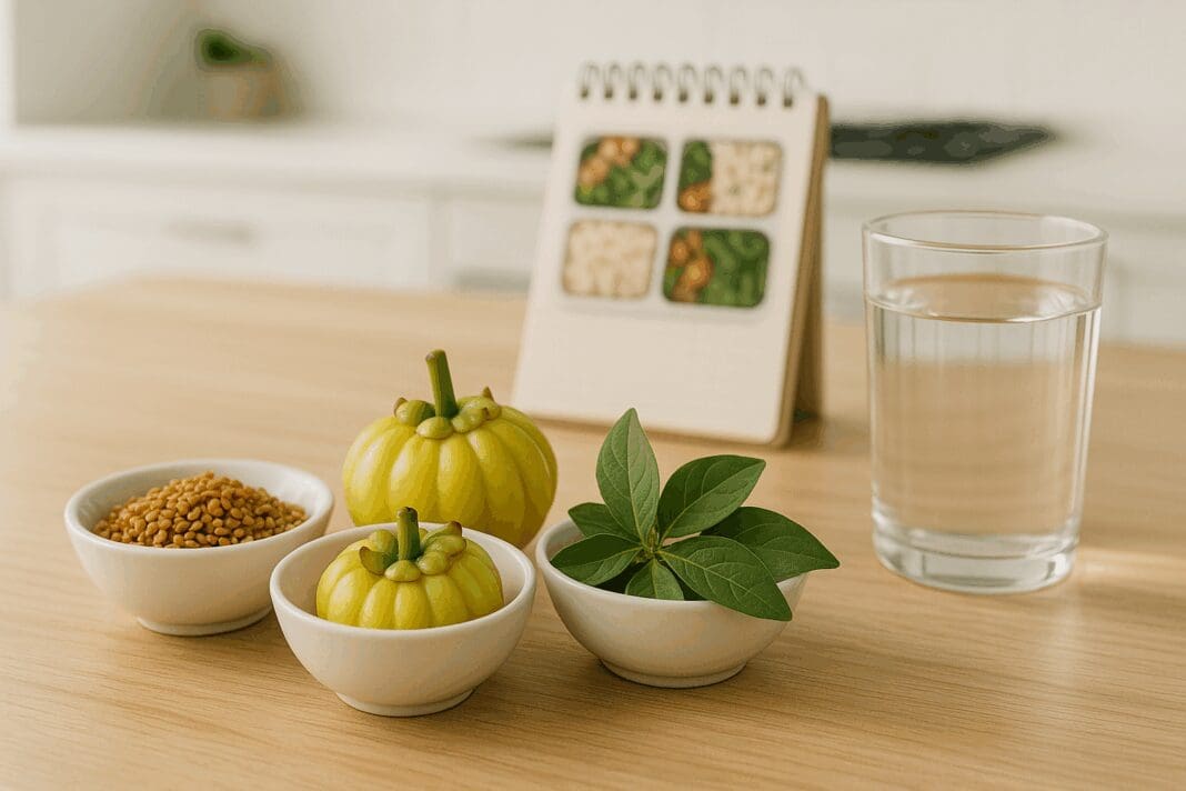 Bowls of fenugreek seeds, Garcinia cambogia, and gymnema leaves beside a glass of water on a kitchen counter, showcasing natural herbs for weight loss.