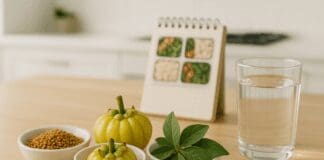 Bowls of fenugreek seeds, Garcinia cambogia, and gymnema leaves beside a glass of water on a kitchen counter, showcasing natural herbs for weight loss.