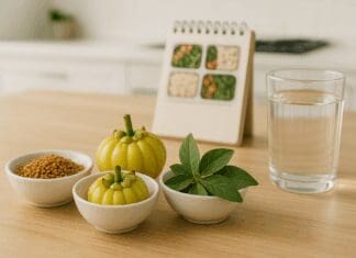 Bowls of fenugreek seeds, Garcinia cambogia, and gymnema leaves beside a glass of water on a kitchen counter, showcasing natural herbs for weight loss.
