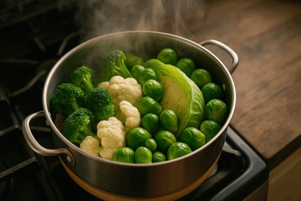 Steamed cruciferous vegetables including broccoli, cauliflower, cabbage, and Brussels sprouts on a stovetop, representing 12 foods you should eat everyday for detox and hormonal health