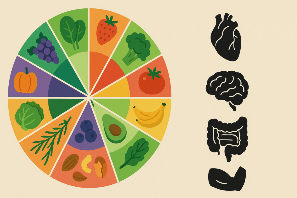 Colorful infographic wheel with icon-style illustrations of the 12 foods you should eat everyday, linked to heart, brain, gut, and muscle health symbols.