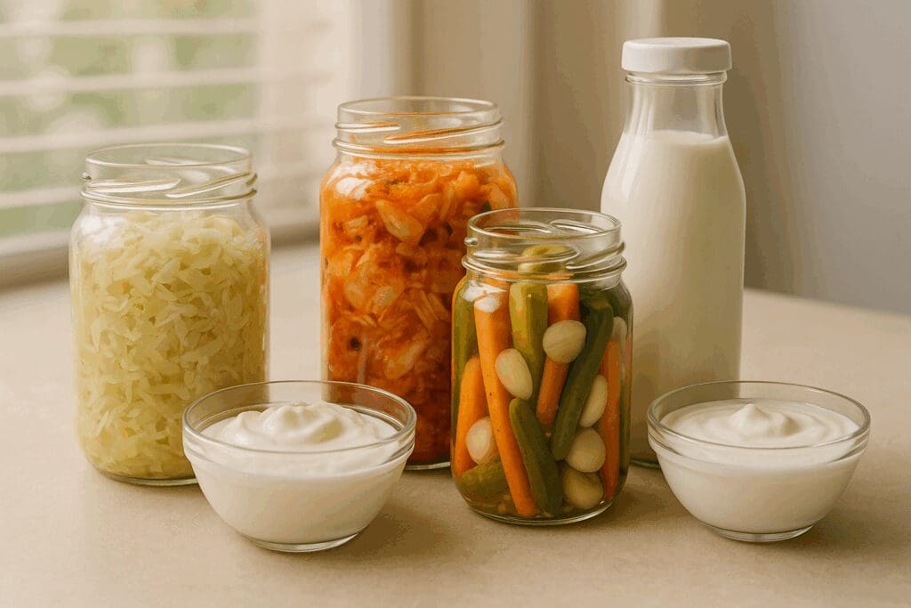 Fermented foods like sauerkraut, kimchi, yogurt, and kefir arranged on a countertop as part of the 12 foods you should eat everyday.