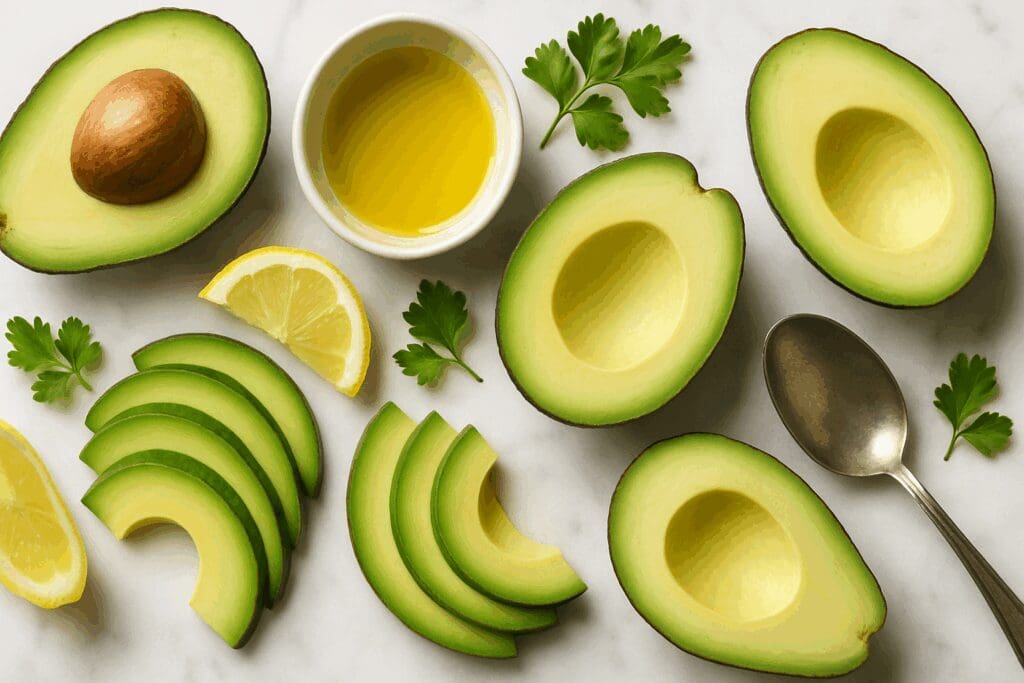 Fresh avocado halves and slices with lemon, olive oil, and herbs on marble—one of 12 foods you should eat everyday for heart health