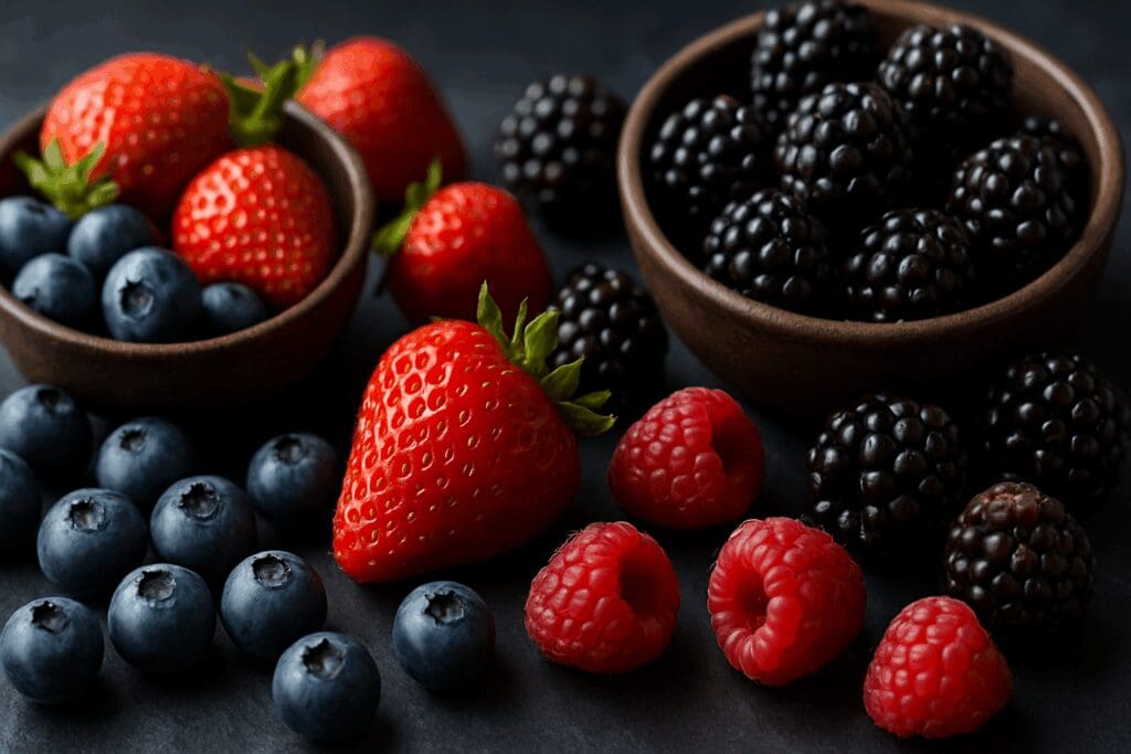 Colorful assortment of fresh berries—strawberries, blueberries, raspberries, and blackberries—on slate, showcasing 12 foods you should eat everyday