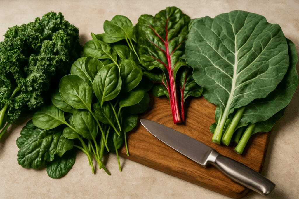 Fresh kale, spinach, Swiss chard, and collard greens on a rustic counter with a knife—nutrient-rich picks from the 12 foods you should eat everyday