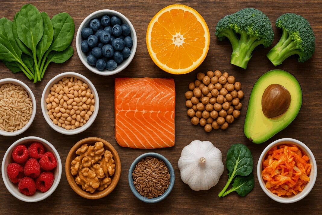 Flat-lay of 12 foods you should eat everyday, including leafy greens, berries, citrus, whole grains, legumes, salmon, nuts, seeds, garlic, avocado, broccoli, and kimchi on a rustic wood table.