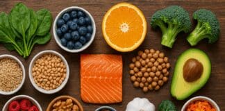12 Foods You Should Eat Every Day for Powerful Nutritional Benefits Flat-lay of 12 foods you should eat everyday, including leafy greens, berries, citrus, whole grains, legumes, salmon, nuts, seeds, garlic, avocado, broccoli, and kimchi on a rustic wood table.