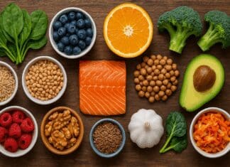 Flat-lay of 12 foods you should eat everyday, including leafy greens, berries, citrus, whole grains, legumes, salmon, nuts, seeds, garlic, avocado, broccoli, and kimchi on a rustic wood table.