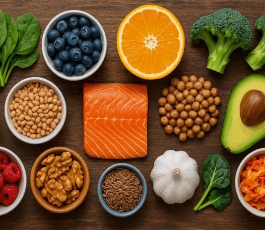 Flat-lay of 12 foods you should eat everyday, including leafy greens, berries, citrus, whole grains, legumes, salmon, nuts, seeds, garlic, avocado, broccoli, and kimchi on a rustic wood table.