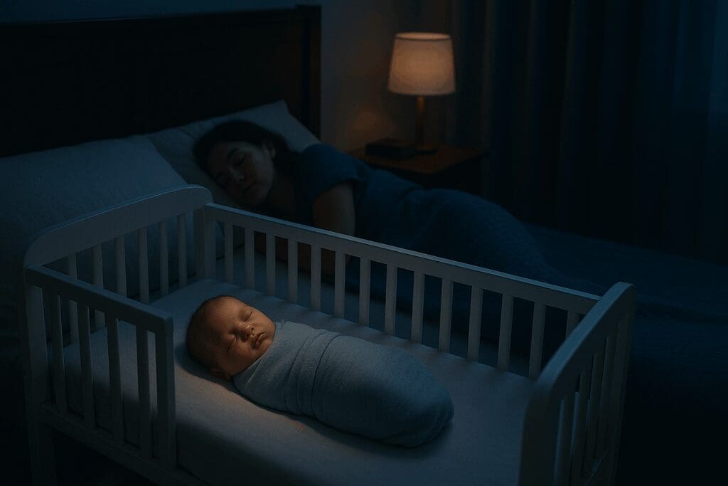Baby swaddled and sleeping safely in a bedside crib under soft lighting, illustrating nighttime safety tied to breastfeeding facts.