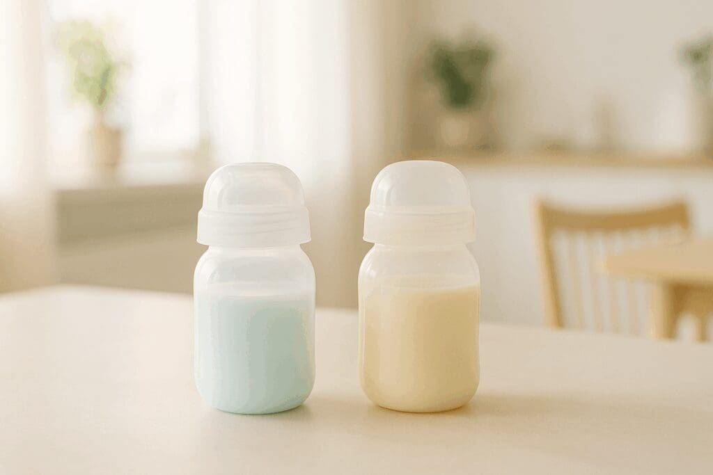 Two milk bottles showing foremilk and hindmilk on a kitchen counter, illustrating breastfeeding facts visually.