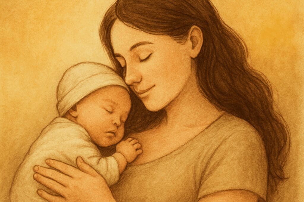 Mother gently holding her newborn during skin-to-skin contact, symbolizing early bonding and highlighting breastfeeding facts about colostrum’s benefits.