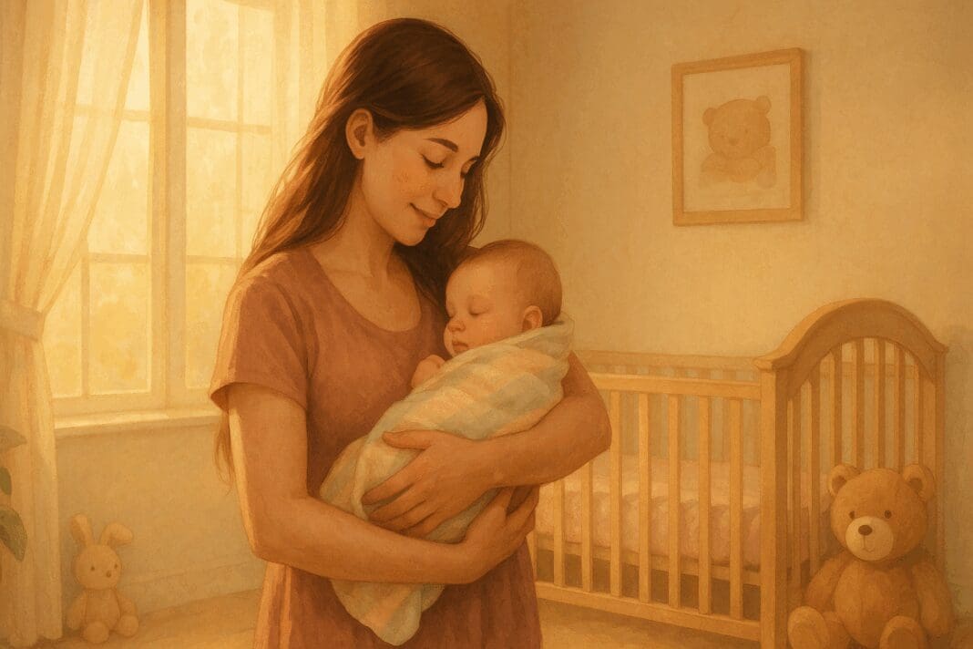 Young mother gently holding her baby in a softly lit nursery, illustrating calm early bonding and breastfeeding facts.