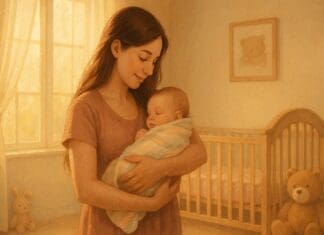 Young mother gently holding her baby in a softly lit nursery, illustrating calm early bonding and breastfeeding facts.