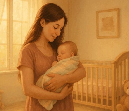 Young mother gently holding her baby in a softly lit nursery, illustrating calm early bonding and breastfeeding facts.