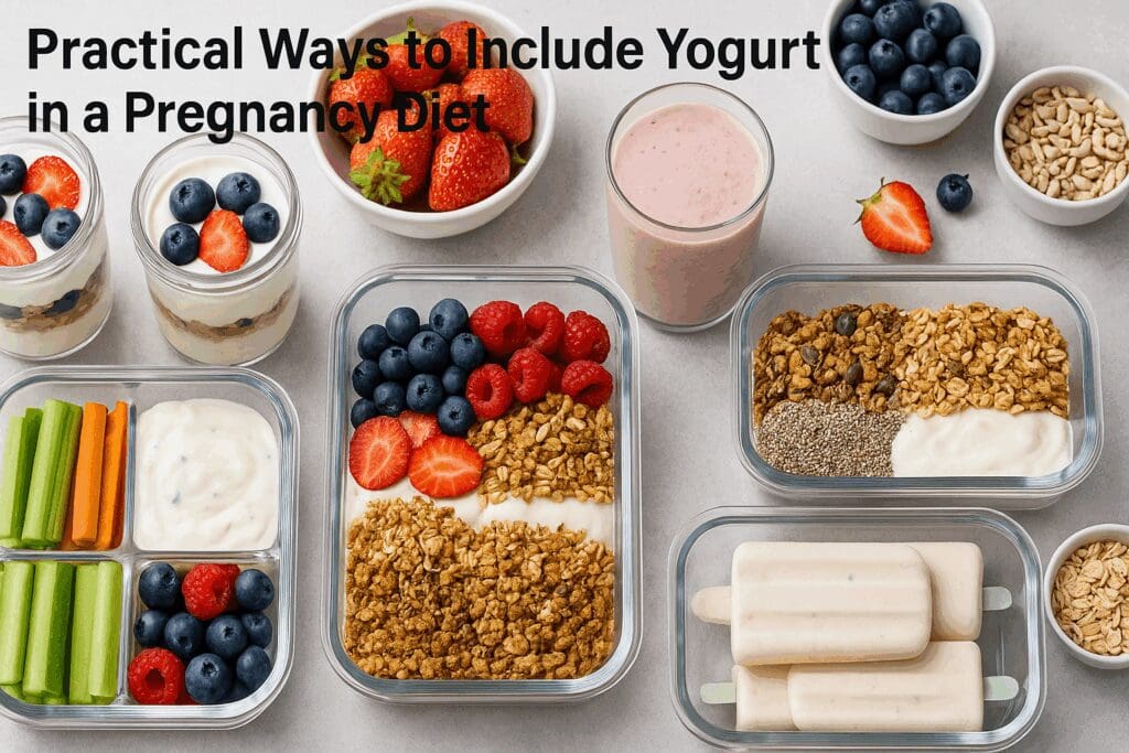 Meal-prep station showing practical snack ideas made with yogurt for pregnant women, including parfaits, smoothies, veggie dips, and yogurt popsicles with fruits and grains.