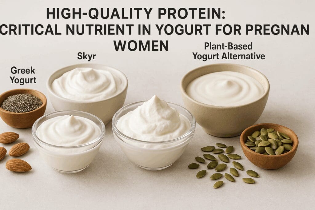 Bowls of Greek yogurt, skyr, and plant-based yogurt with chia seeds, almonds, and pumpkin seeds arranged to highlight high-protein yogurt for pregnant women.