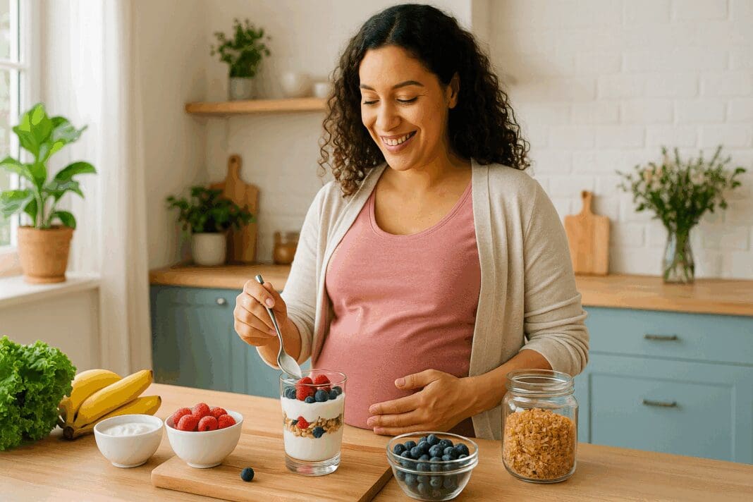 Smiling pregnant woman in her third trimester preparing a parfait with yogurt, berries, and granola, highlighting yogurt for pregnant women as a nutritious choice