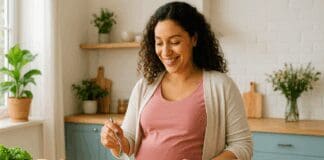 7 Vital Reasons to Choose Yogurt for Pregnant Women’s Diet Smiling pregnant woman in her third trimester preparing a parfait with yogurt, berries, and granola, highlighting yogurt for pregnant women as a nutritious choice