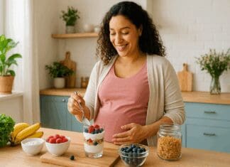 Smiling pregnant woman in her third trimester preparing a parfait with yogurt, berries, and granola, highlighting yogurt for pregnant women as a nutritious choice