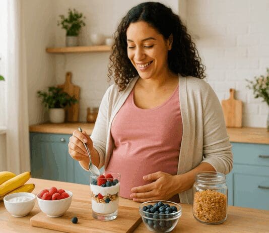 Smiling pregnant woman in her third trimester preparing a parfait with yogurt, berries, and granola, highlighting yogurt for pregnant women as a nutritious choice