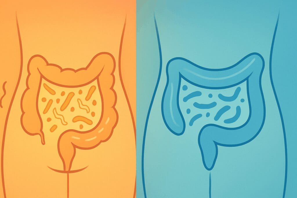 Side-by-side illustration showing disrupted and balanced gut microbiomes to explain how do you know if probiotics are working