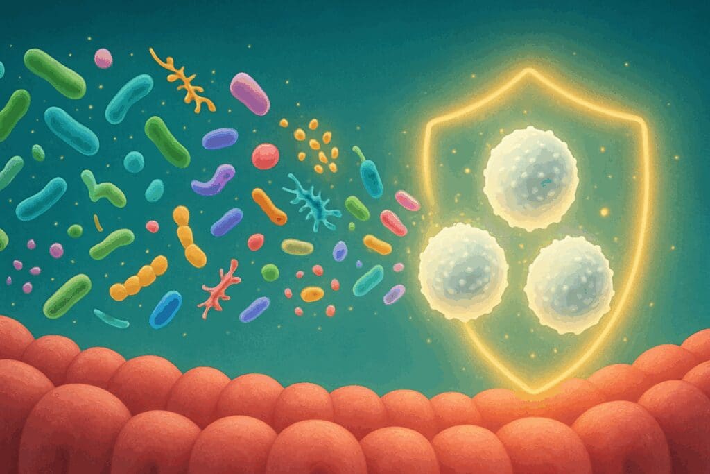 Glowing immune cells shielded by beneficial microbes migrating from the gut, illustrating how do you know if probiotics are working.
