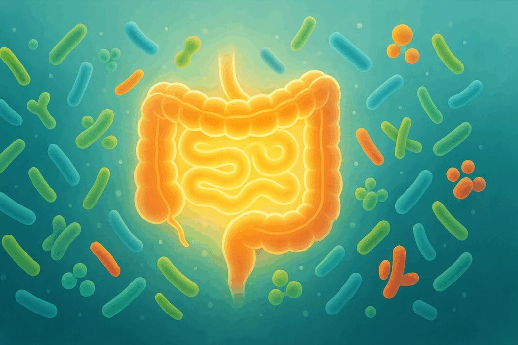 Glowing digestive system surrounded by colorful bacteria in a healthy gut environment, symbolizing how do you know if probiotics are working