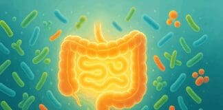 Glowing digestive system surrounded by colorful bacteria in a healthy gut environment, symbolizing how do you know if probiotics are working
