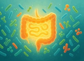 Glowing digestive system surrounded by colorful bacteria in a healthy gut environment, symbolizing how do you know if probiotics are working