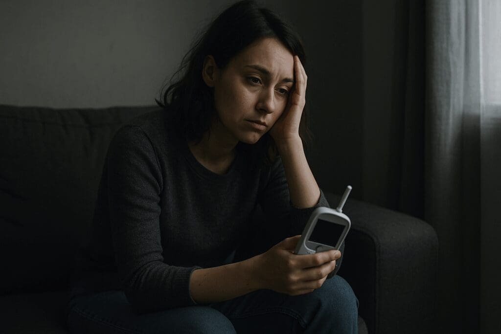 Woman sitting alone on a couch holding a baby monitor, looking distressed, illustrating emotional fatigue linked to zoloft for postpartum anxiety.