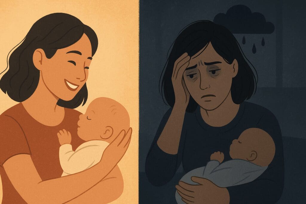 Split-screen of a new mother smiling with her baby on one side and appearing overwhelmed on the other, symbolizing zoloft for postpartum anxiety.