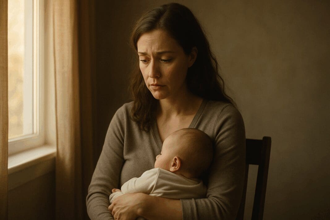 New mother cradling her baby near a softly lit window, reflecting on treatment options like Zoloft for postpartum anxiety