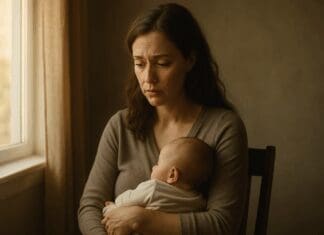 New mother cradling her baby near a softly lit window, reflecting on treatment options like Zoloft for postpartum anxiety