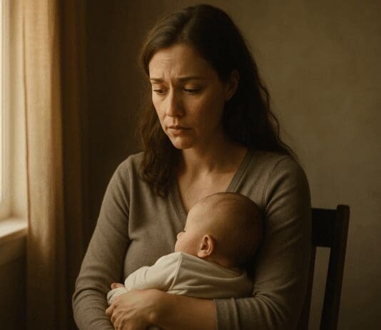 New mother cradling her baby near a softly lit window, reflecting on treatment options like Zoloft for postpartum anxiety