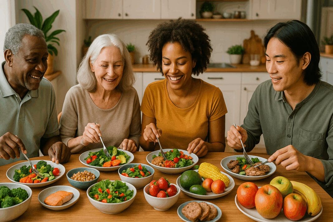 Diverse group of people of all ages sharing a colorful, balanced meal that visually represents the nutrition definition in real life.