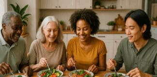 Diverse group of people of all ages sharing a colorful, balanced meal that visually represents the nutrition definition in real life.