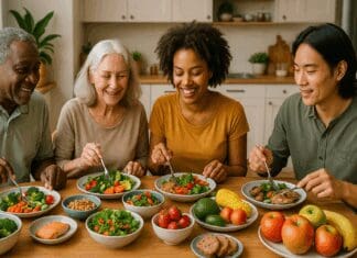 Diverse group of people of all ages sharing a colorful, balanced meal that visually represents the nutrition definition in real life.
