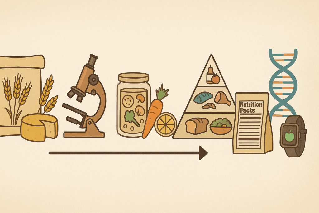 Timeline showing the evolution of the nutrition definition with ancient grains, microscopes, food pyramids, and DNA tools.