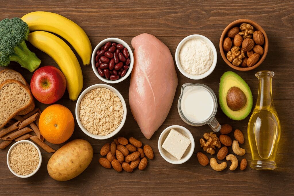 Flat lay of foods grouped by macronutrients—carbohydrates, proteins, and fats—illustrating the nutrition definition visually.