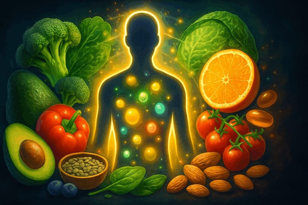Glowing human silhouette surrounded by fruits, vegetables, seeds, and supplements representing the nutrition definition through vibrant micronutrient absorption.