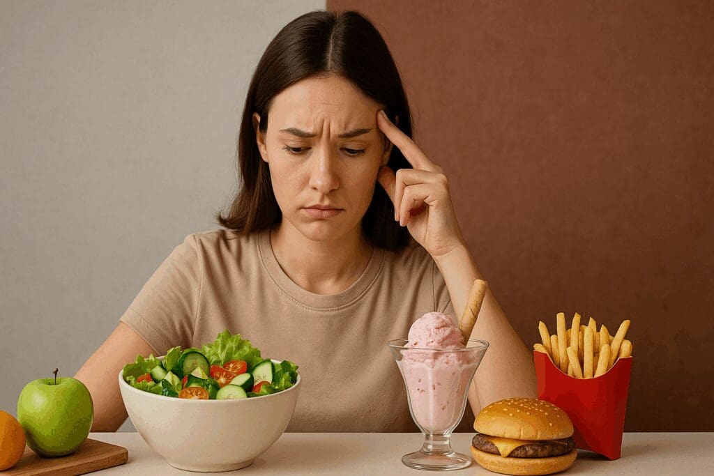 Person facing internal conflict between healthy whole foods and fast food, symbolizing the psychology behind nutrition definition.