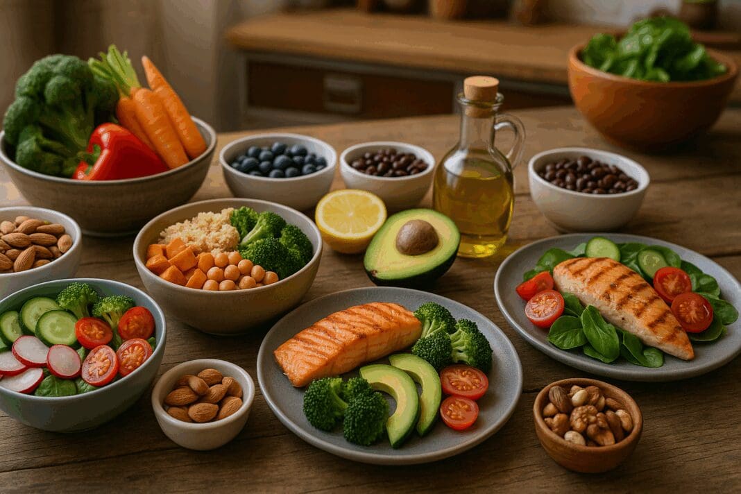 Rustic kitchen table filled with colorful whole foods like salmon, grilled chicken, avocado, legumes, and vegetables representing balanced nutrition.