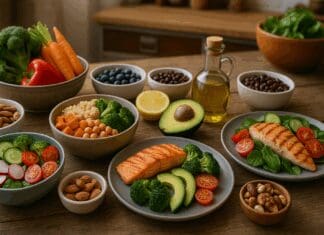 Rustic kitchen table filled with colorful whole foods like salmon, grilled chicken, avocado, legumes, and vegetables representing balanced nutrition.