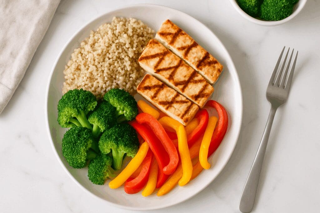 Grilled tofu, quinoa, and colorful vegetables neatly arranged on a plate to represent balanced nutrition in a modern kitchen setting.