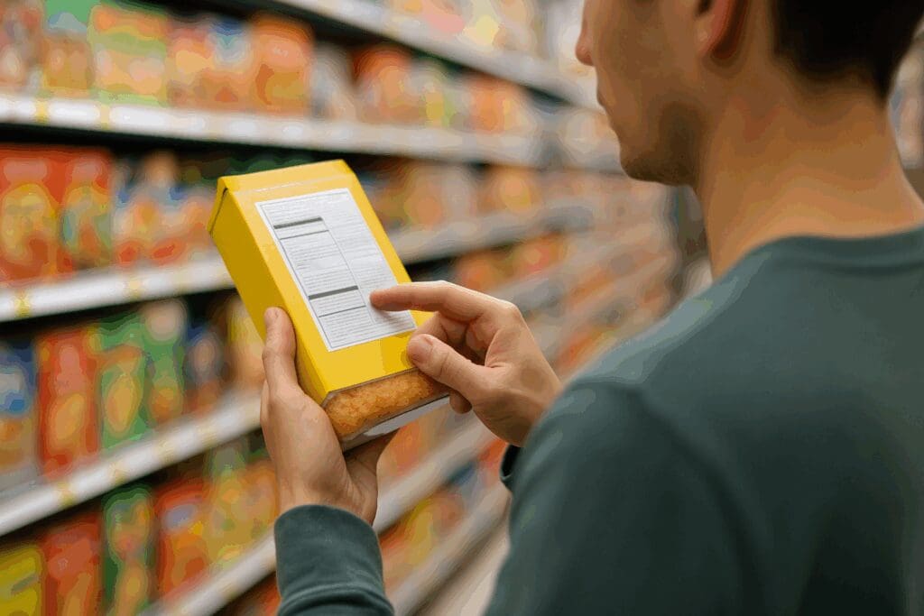 Person reading a food label in a grocery aisle while choosing products for balanced nutrition