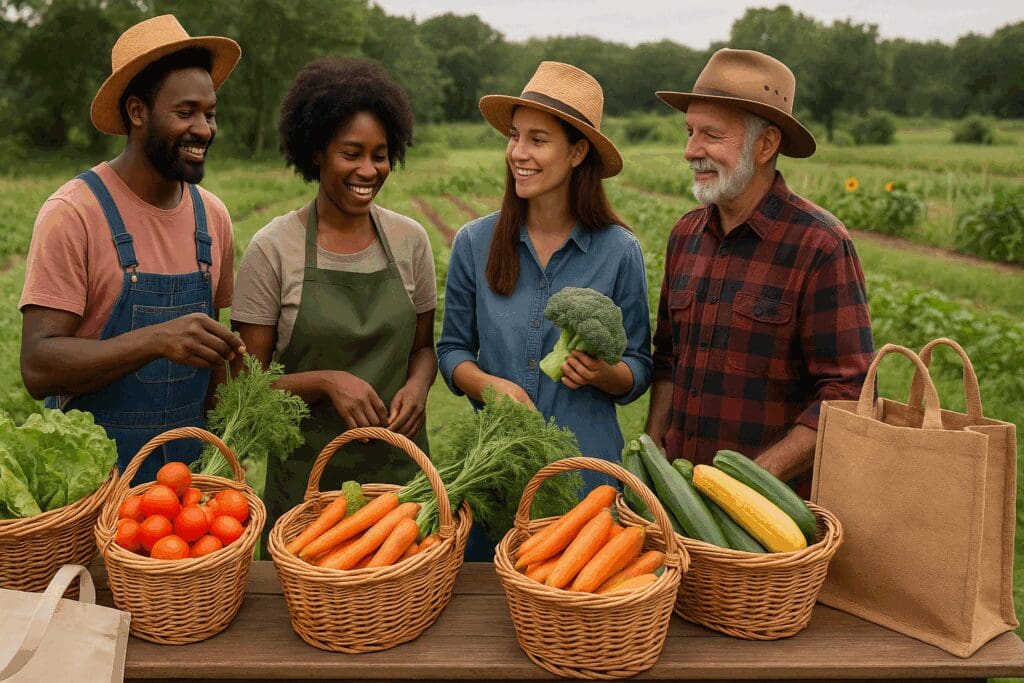 Local farmers at an outdoor market displaying organic produce baskets that promote sustainable agriculture and balanced nutrition