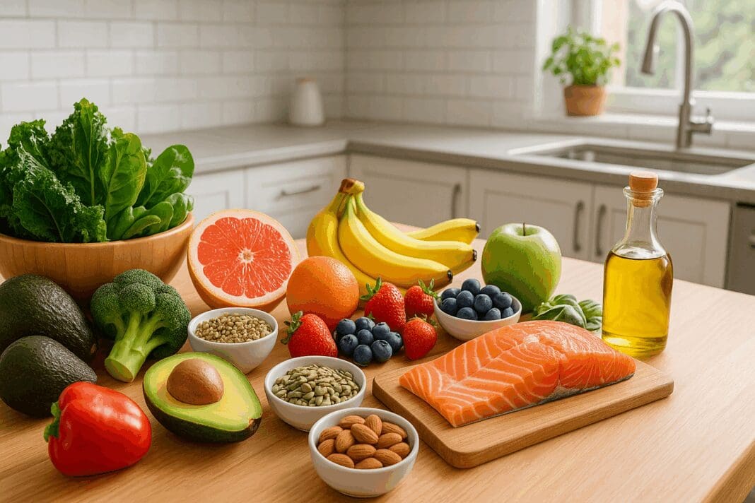 Bright kitchen counter with leafy greens, fruits, salmon, nuts, and seeds representing nutritional daily requirements