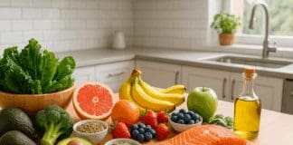 The Ultimate Guide to Meeting Your Nutritional Daily Requirements for Optimal Health Bright kitchen counter with leafy greens, fruits, salmon, nuts, and seeds representing nutritional daily requirements